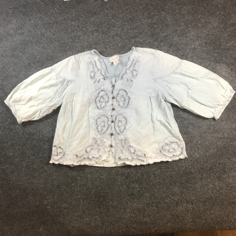 Calypso St. Barth Boho Blouse Top Womens L Blue Denim Embroidered Puff Sleeve